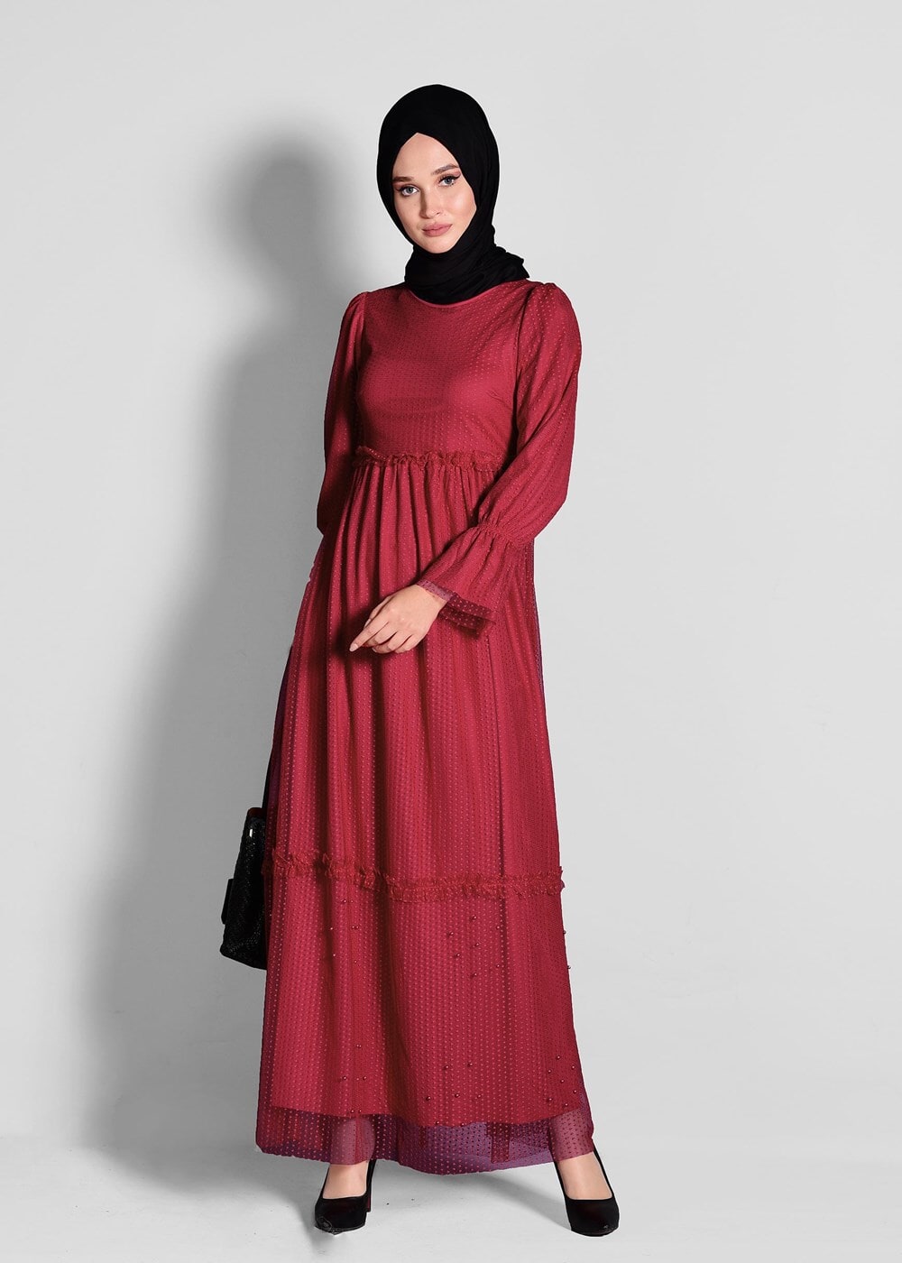 Tesettür giyim KIRMIZI  ETEK UCU İNCİLİ TESETTÜR TÜL ELBİSE 1693