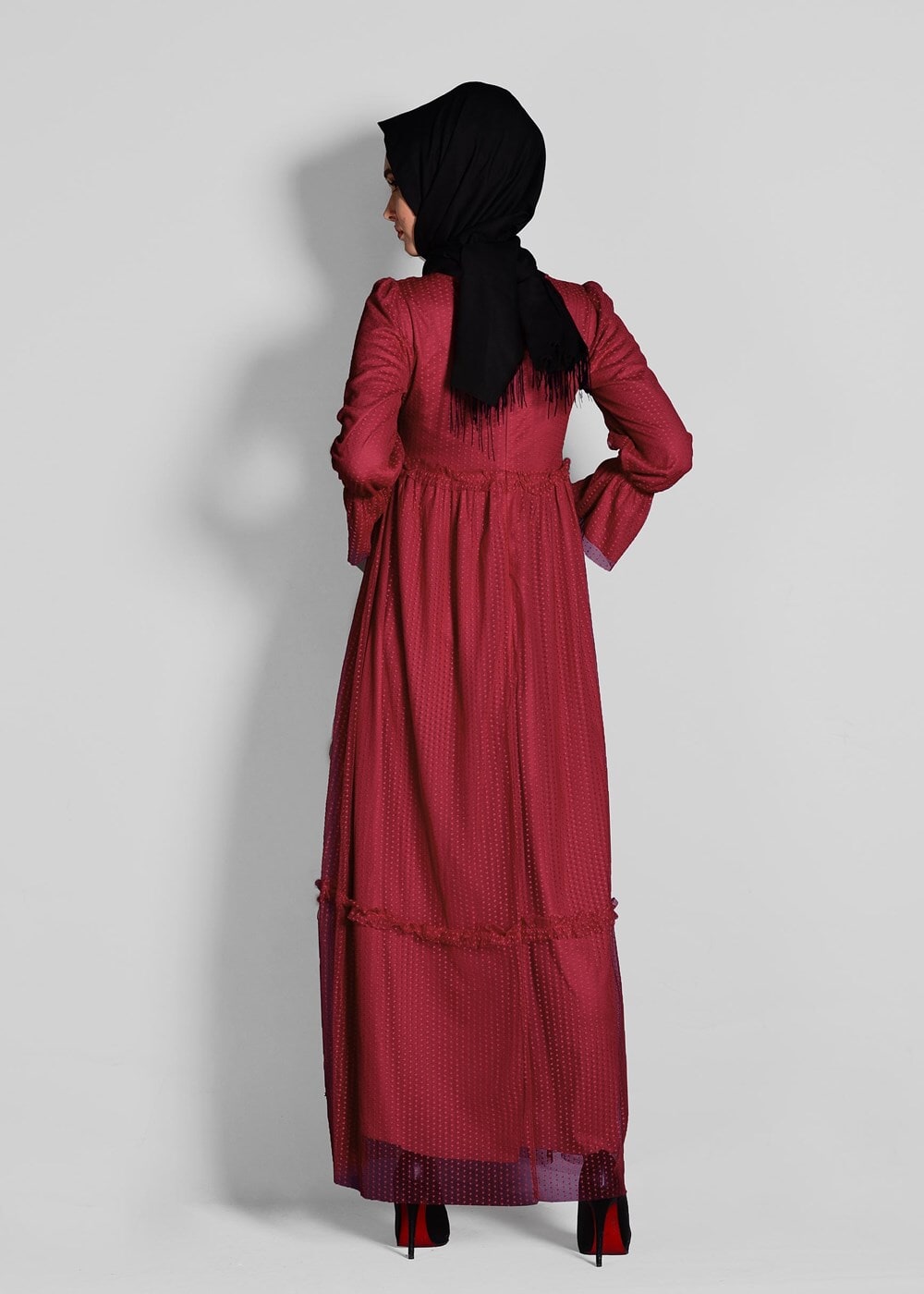 Tesettür giyim KIRMIZI  ETEK UCU İNCİLİ TESETTÜR TÜL ELBİSE 1693