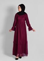 Tesettür giyim BORDO  ETEK UCU İNCİLİ TESETTÜR TÜL ELBİSE 1693