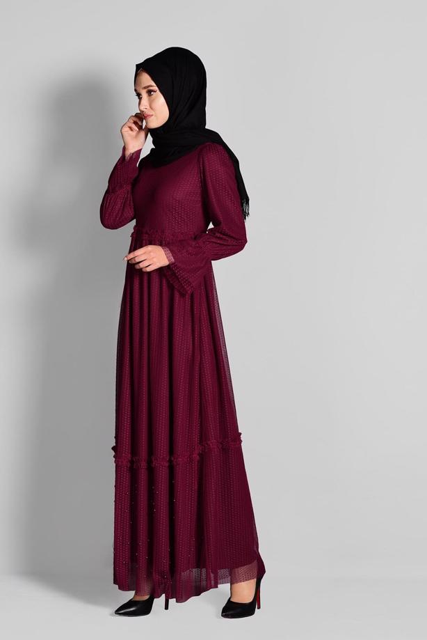 Tesettür giyim   ETEK UCU İNCİLİ TESETTÜR TÜL ELBİSE 1693 - TRENDTESETTÜR