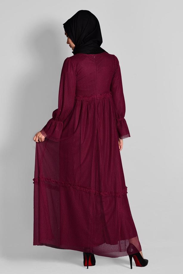 Tesettür giyim   ETEK UCU İNCİLİ TESETTÜR TÜL ELBİSE 1693 - TRENDTESETTÜR