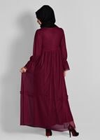 Tesettür giyim BORDO  ETEK UCU İNCİLİ TESETTÜR TÜL ELBİSE 1693