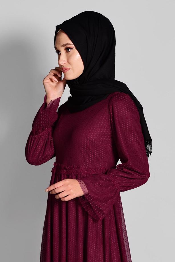 Tesettür giyim   ETEK UCU İNCİLİ TESETTÜR TÜL ELBİSE 1693 - TRENDTESETTÜR