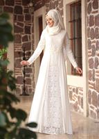 Tesettür giyim KREM HAKİM YAKA GÜPÜRLÜ ABİYE ELBİSE