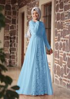 Tesettür giyim MAVİ HAKİM YAKA GÜPÜRLÜ ABİYE ELBİSE