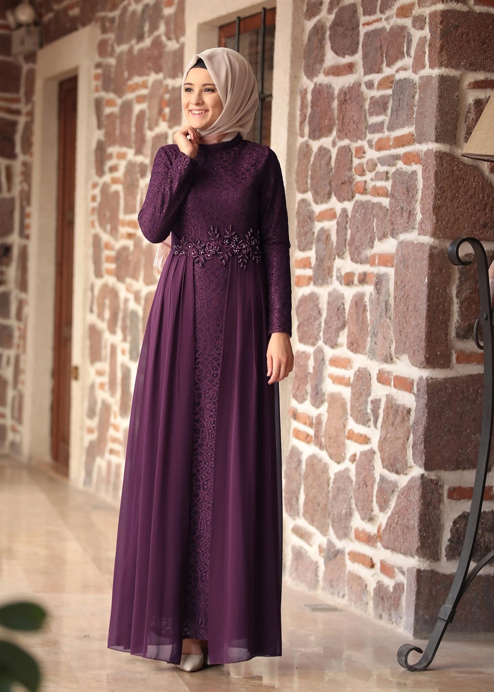 Tesettür giyim MÜRDÜM HAKİM YAKA GÜPÜRLÜ ABİYE ELBİSE