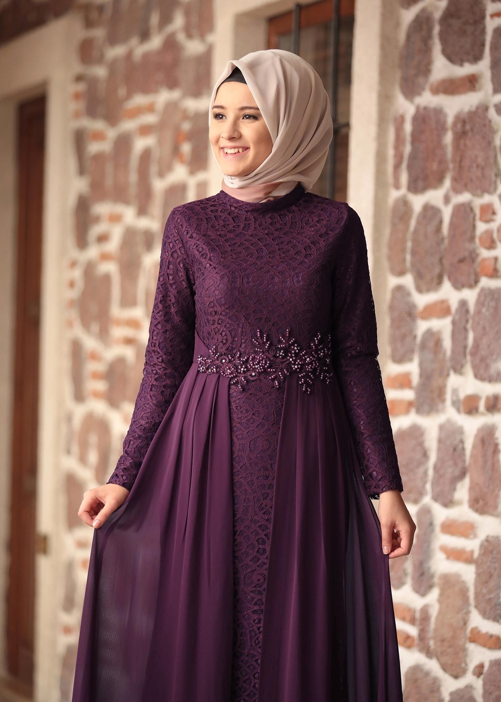 Tesettür giyim MÜRDÜM HAKİM YAKA GÜPÜRLÜ ABİYE ELBİSE