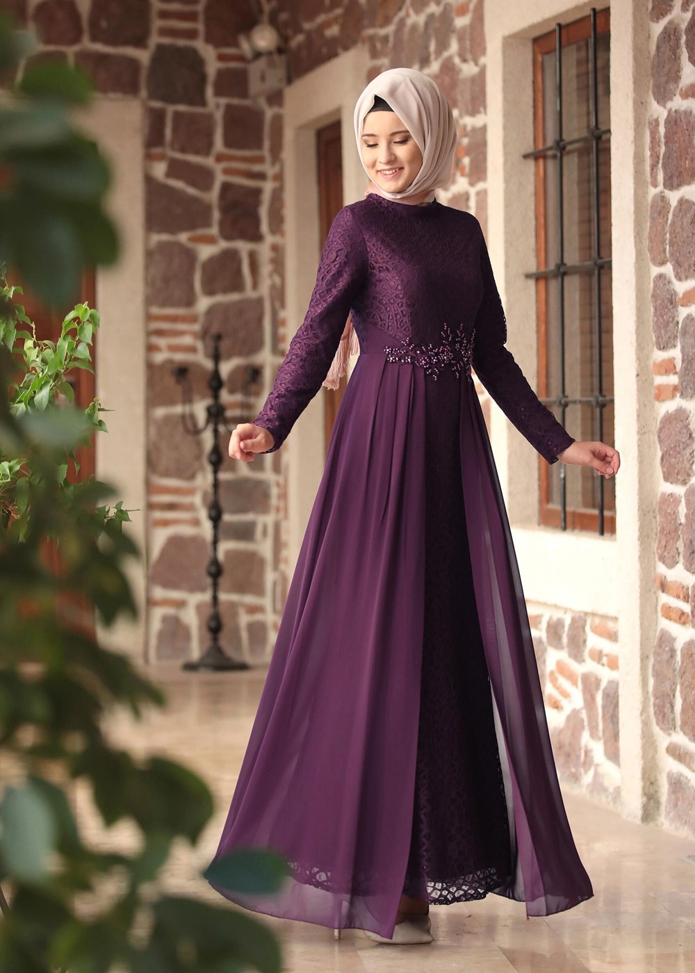 Tesettür giyim MÜRDÜM HAKİM YAKA GÜPÜRLÜ ABİYE ELBİSE