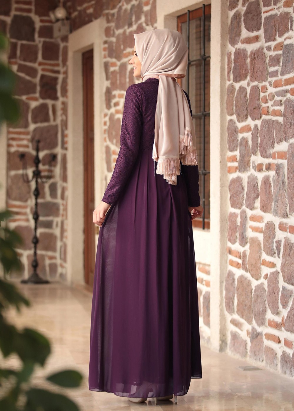 Tesettür giyim MÜRDÜM HAKİM YAKA GÜPÜRLÜ ABİYE ELBİSE