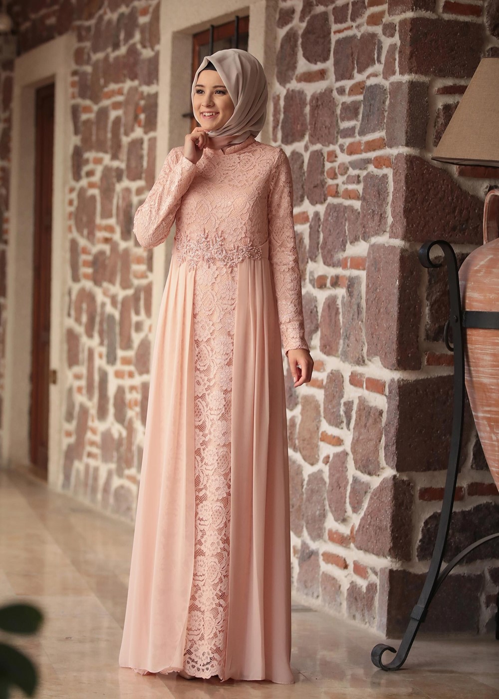 Tesettür giyim PUDRA HAKİM YAKA GÜPÜRLÜ ABİYE ELBİSE 2110
