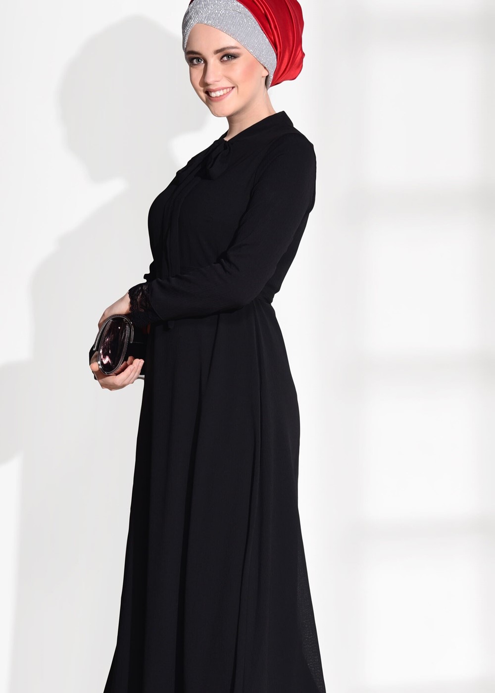 Tesettür giyim SİYAH DANTEL DETAYLI ELBİSE 2185 
