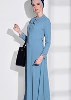 Tesettür giyim MAVİ DANTEL DETAYLI ELBİSE 2185 