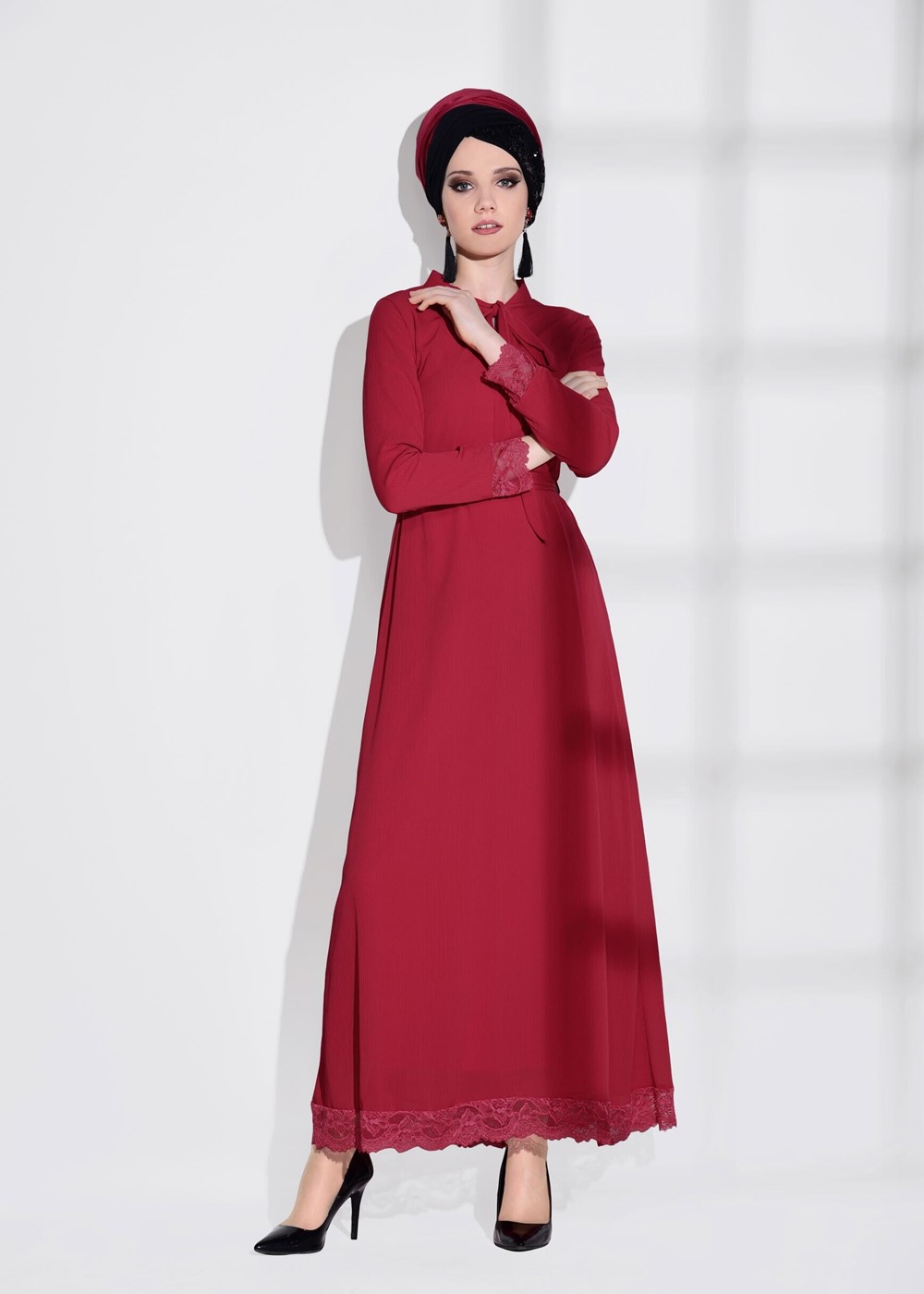 Tesettür giyim KIRMIZI DANTEL DETAYLI ELBİSE 2185 