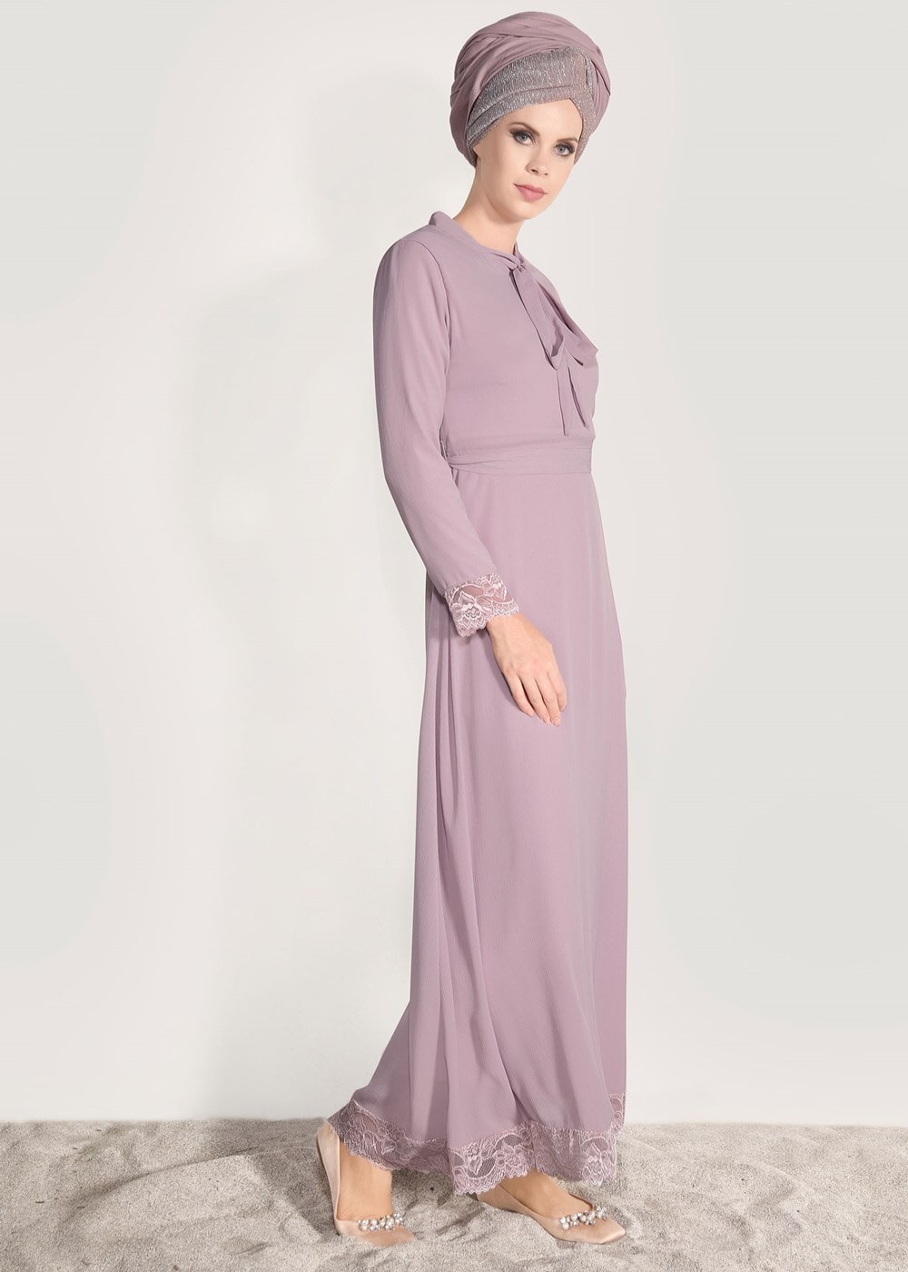 Tesettür giyim PUDRA DANTEL DETAYLI ELBİSE 2185 