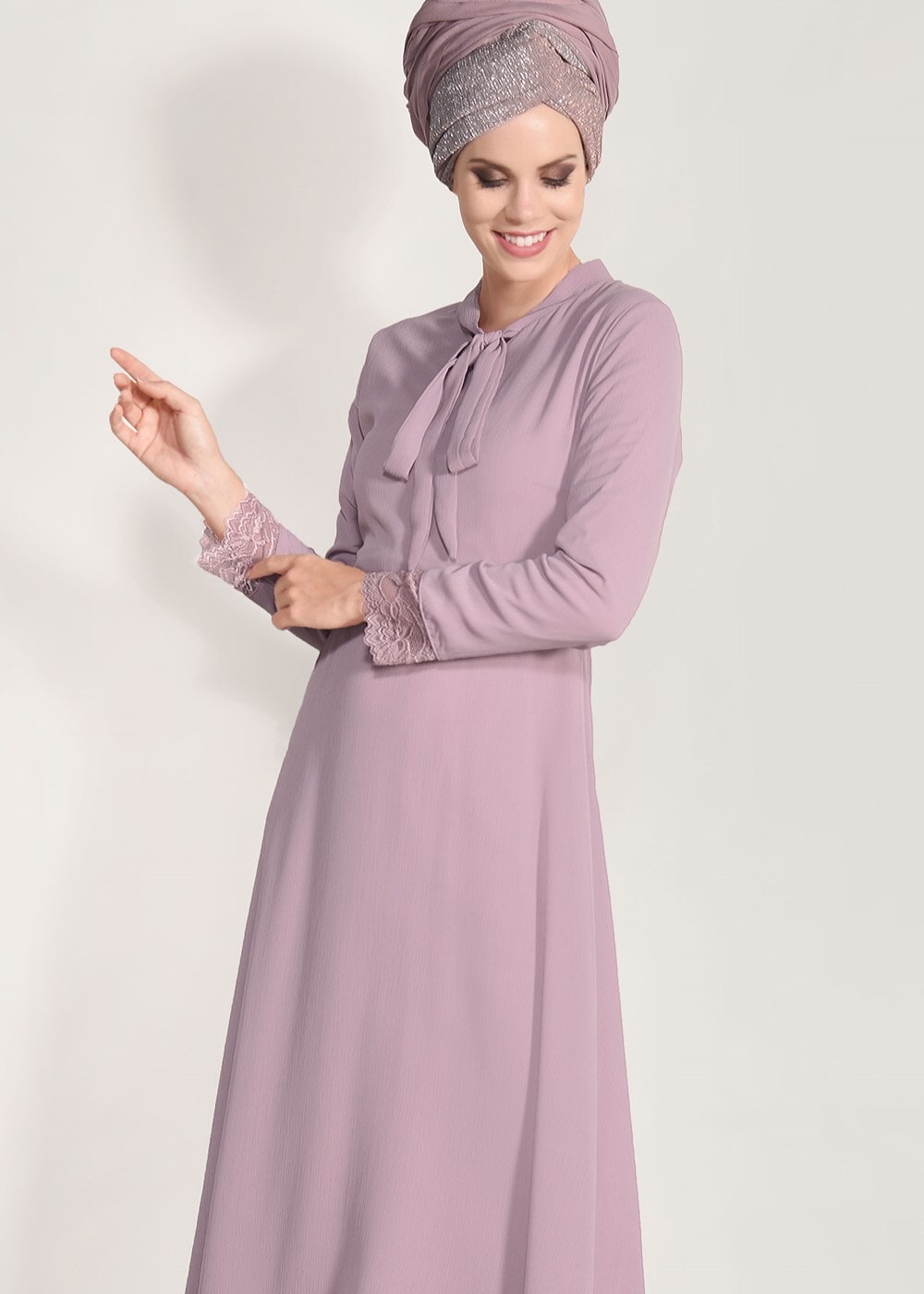 Tesettür giyim PUDRA DANTEL DETAYLI ELBİSE 2185 