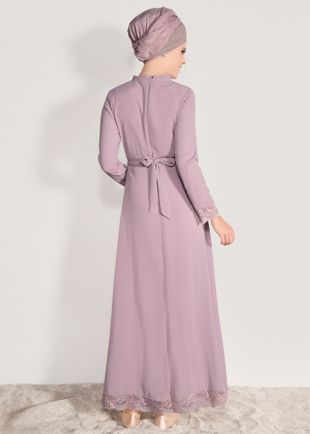 Tesettür giyim PUDRA DANTEL DETAYLI ELBİSE 2185 