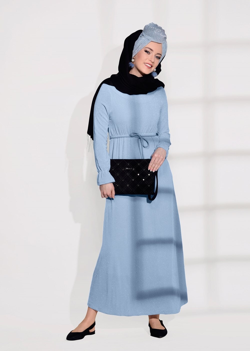 Tesettür giyim MAVİ SİMLİ KUMAŞ ELBİSE 3475