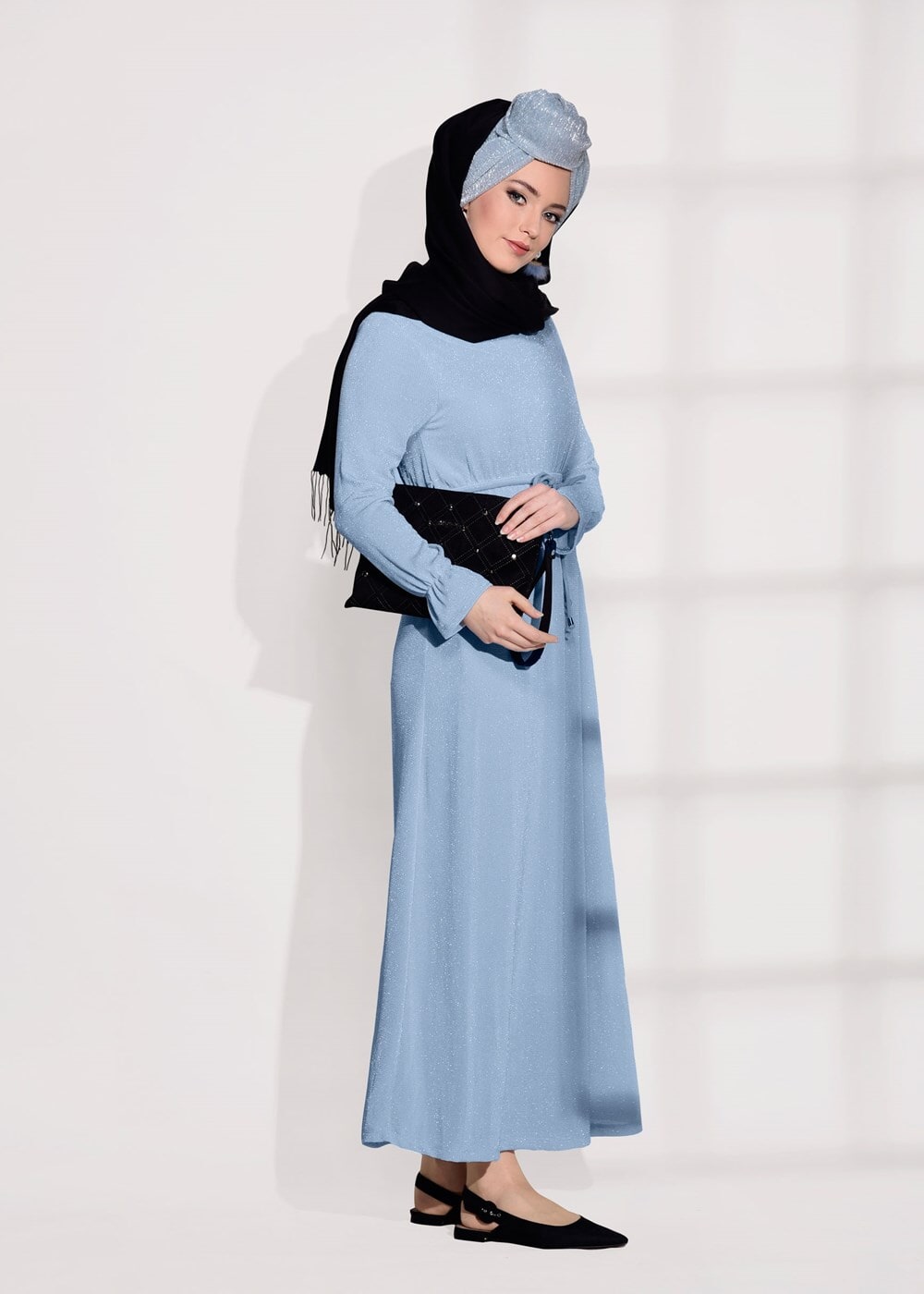 Tesettür giyim MAVİ SİMLİ KUMAŞ ELBİSE 3475