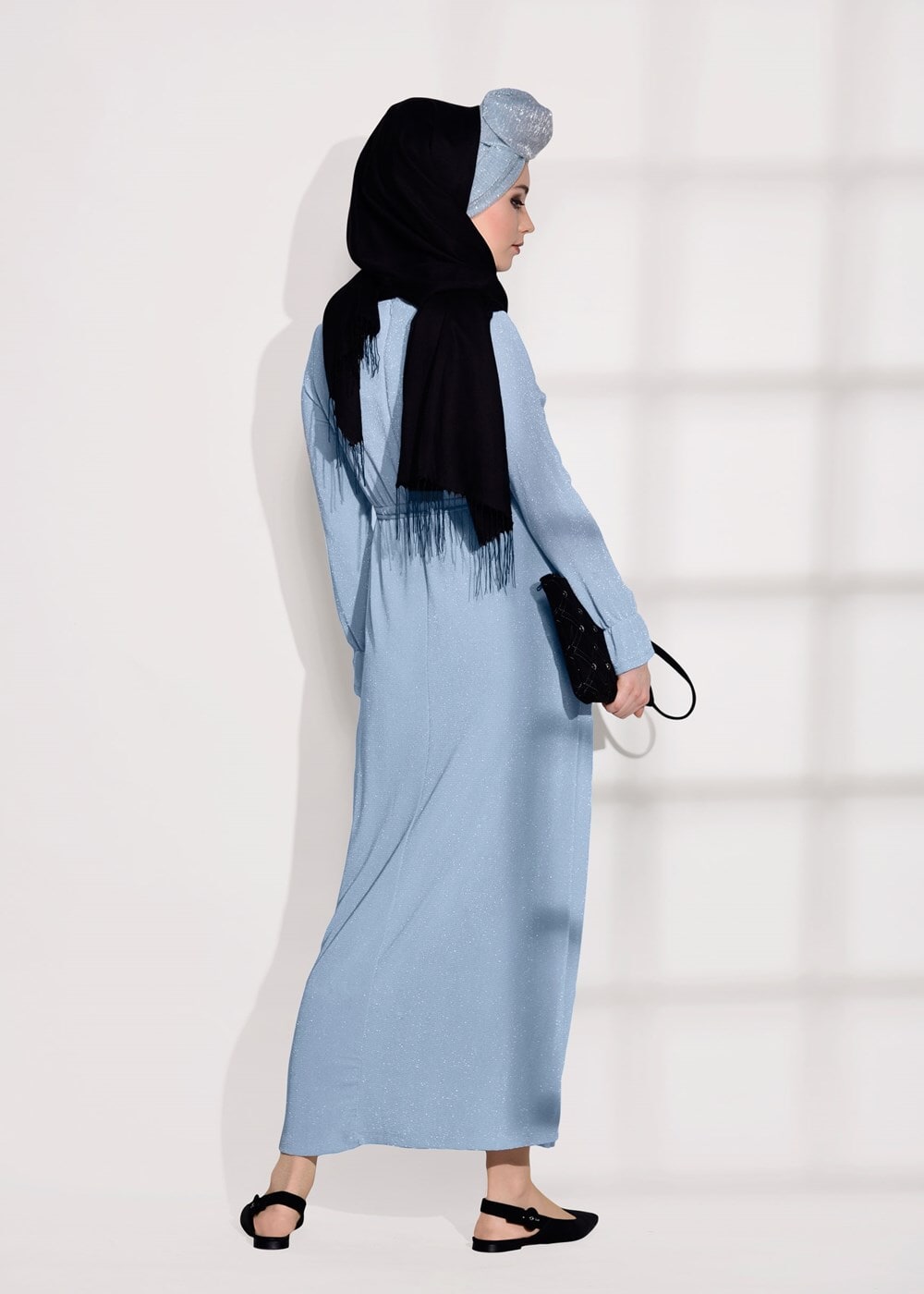 Tesettür giyim MAVİ SİMLİ KUMAŞ ELBİSE 3475