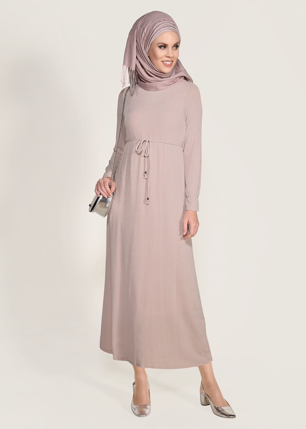 Tesettür giyim PUDRA SİMLİ KUMAŞ ELBİSE 3475