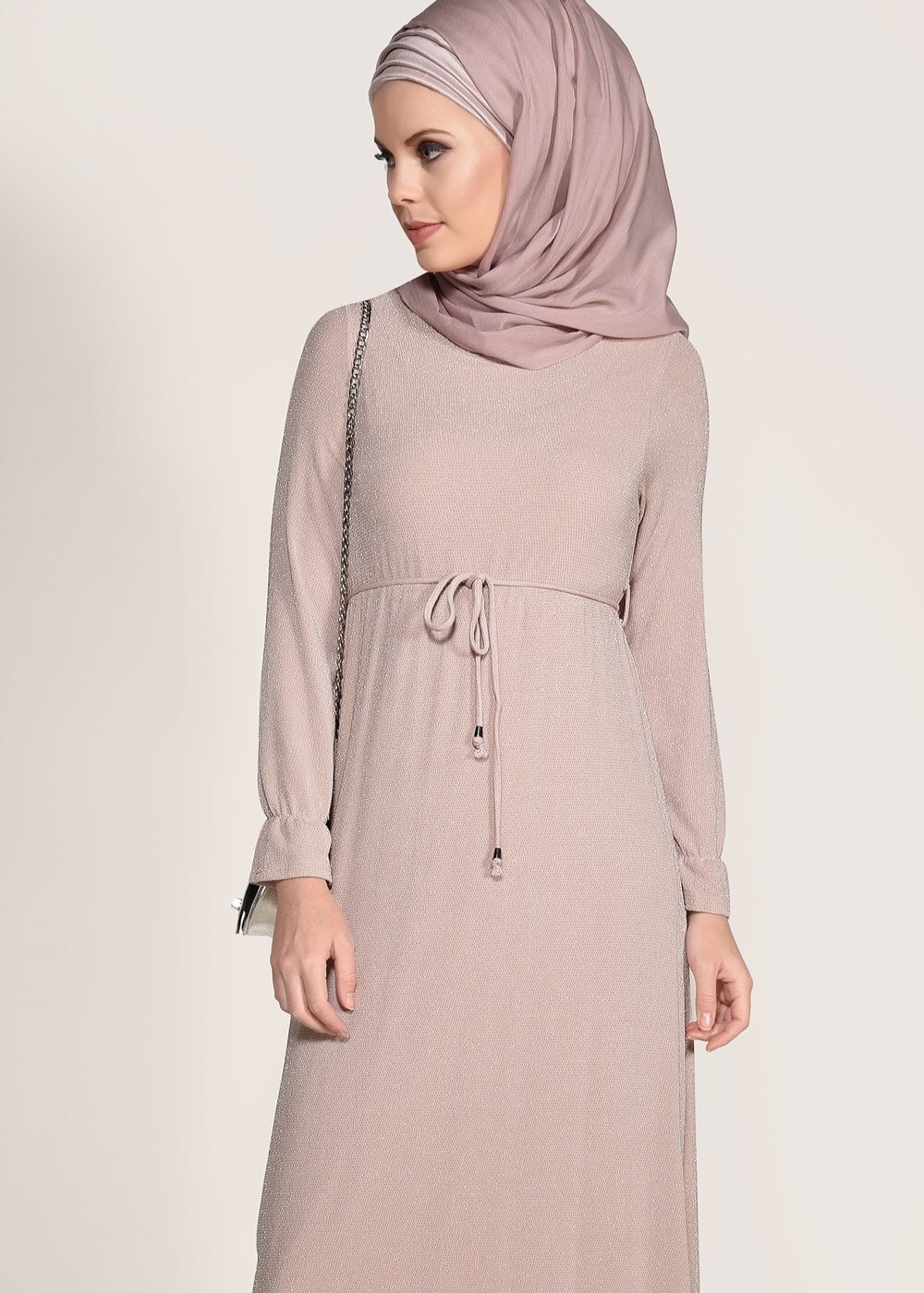 Tesettür giyim PUDRA SİMLİ KUMAŞ ELBİSE 3475