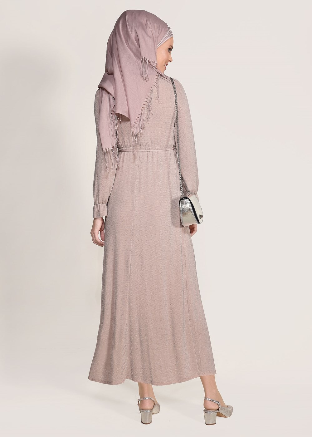 Tesettür giyim PUDRA SİMLİ KUMAŞ ELBİSE 3475