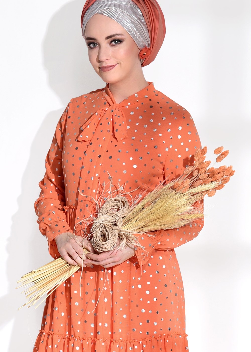 Tesettür giyim TURUNCU T 3975 Asmiray-Puanlı Varaklı Elbise