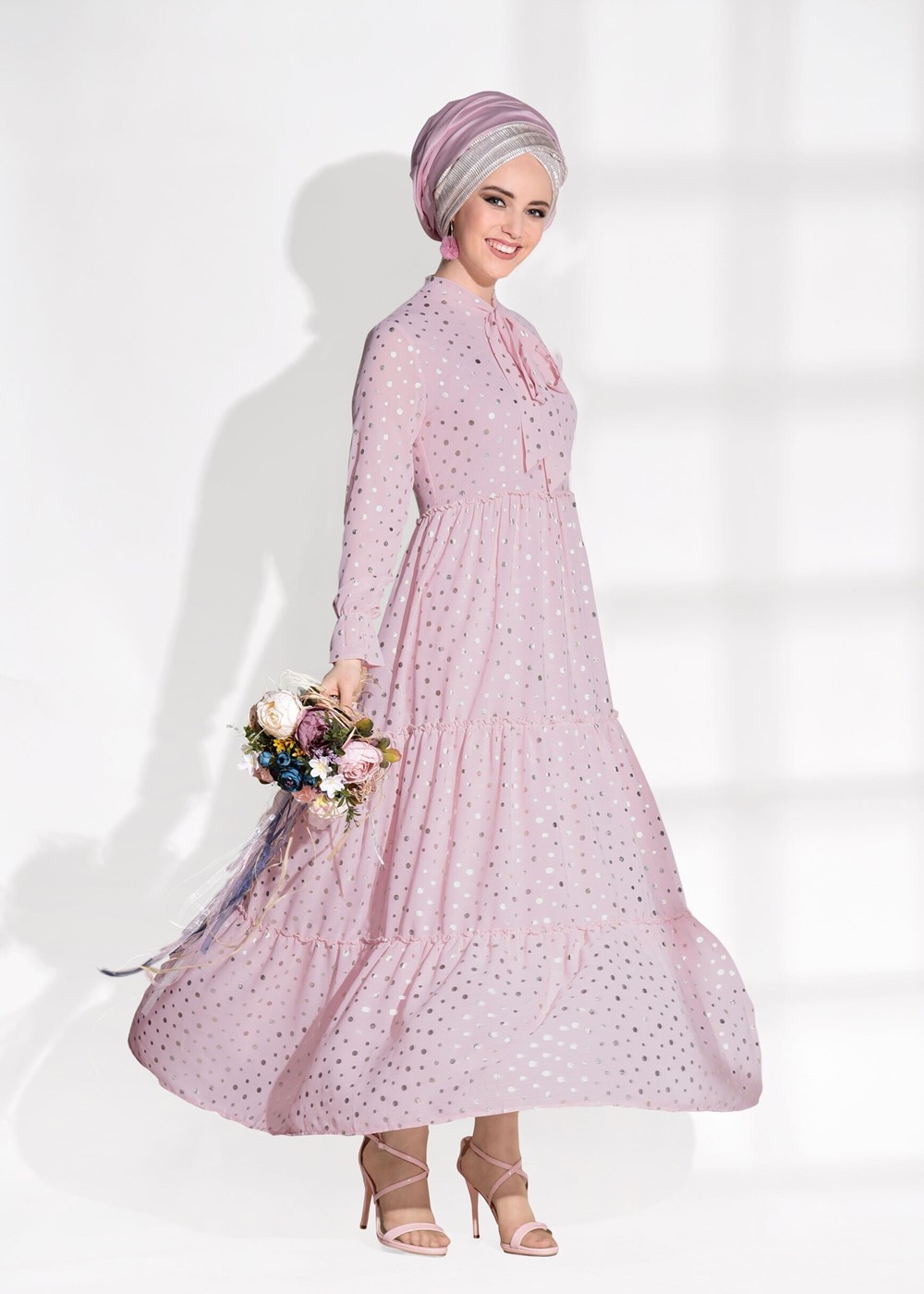 Tesettür giyim PUDRA T 3975 Asmiray-Puanlı Varaklı Elbise