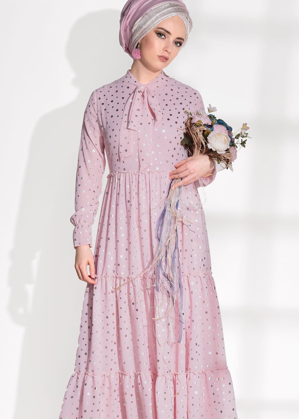 Tesettür giyim PUDRA T 3975 Asmiray-Puanlı Varaklı Elbise