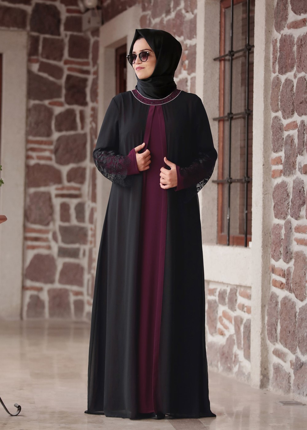 Vêtements hijab NOIR ROBE DÉTAIL DENTELLE T 4803