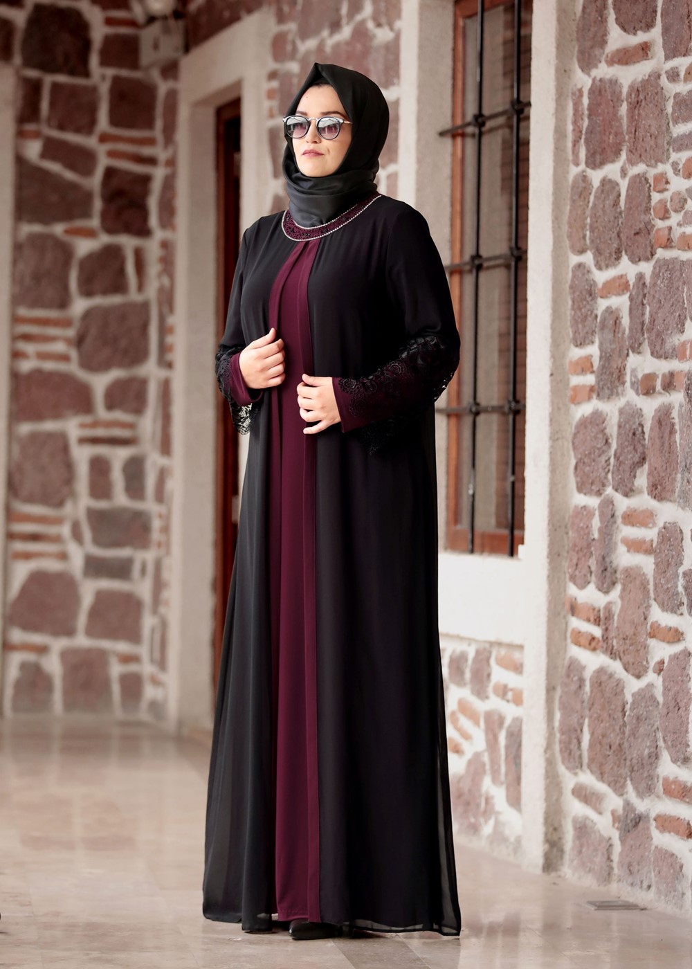Vêtements hijab NOIR ROBE DÉTAIL DENTELLE T 4803