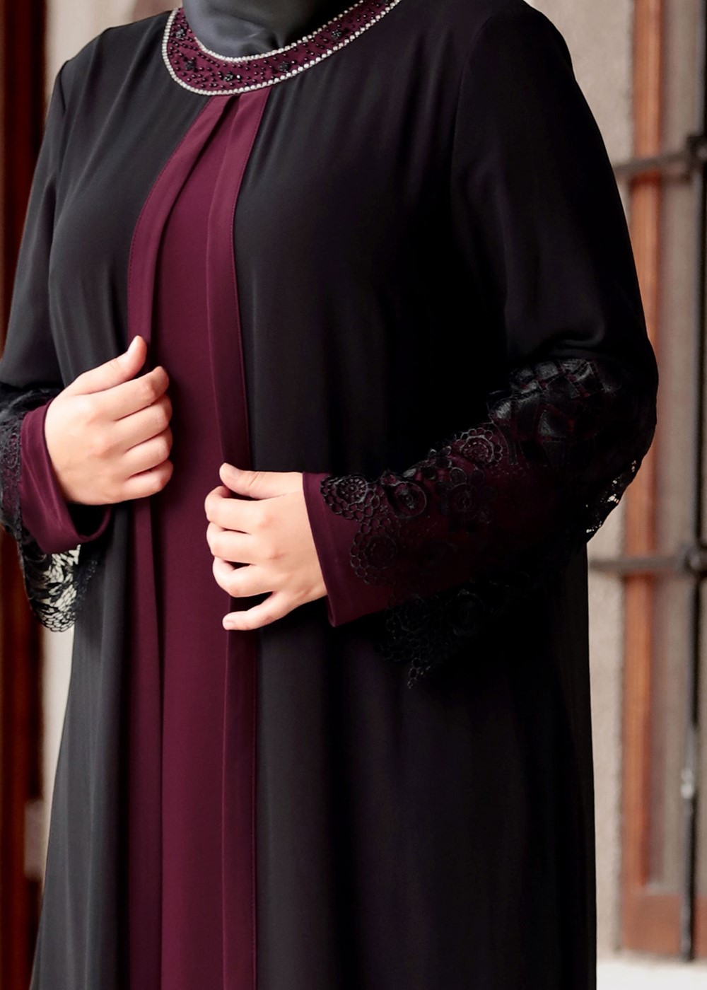 Vêtements hijab NOIR ROBE DÉTAIL DENTELLE T 4803