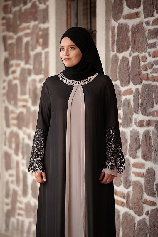 Tesettür giyim SİYAH T 4803 Amine Hüma- Dantel Detaylı Elbise