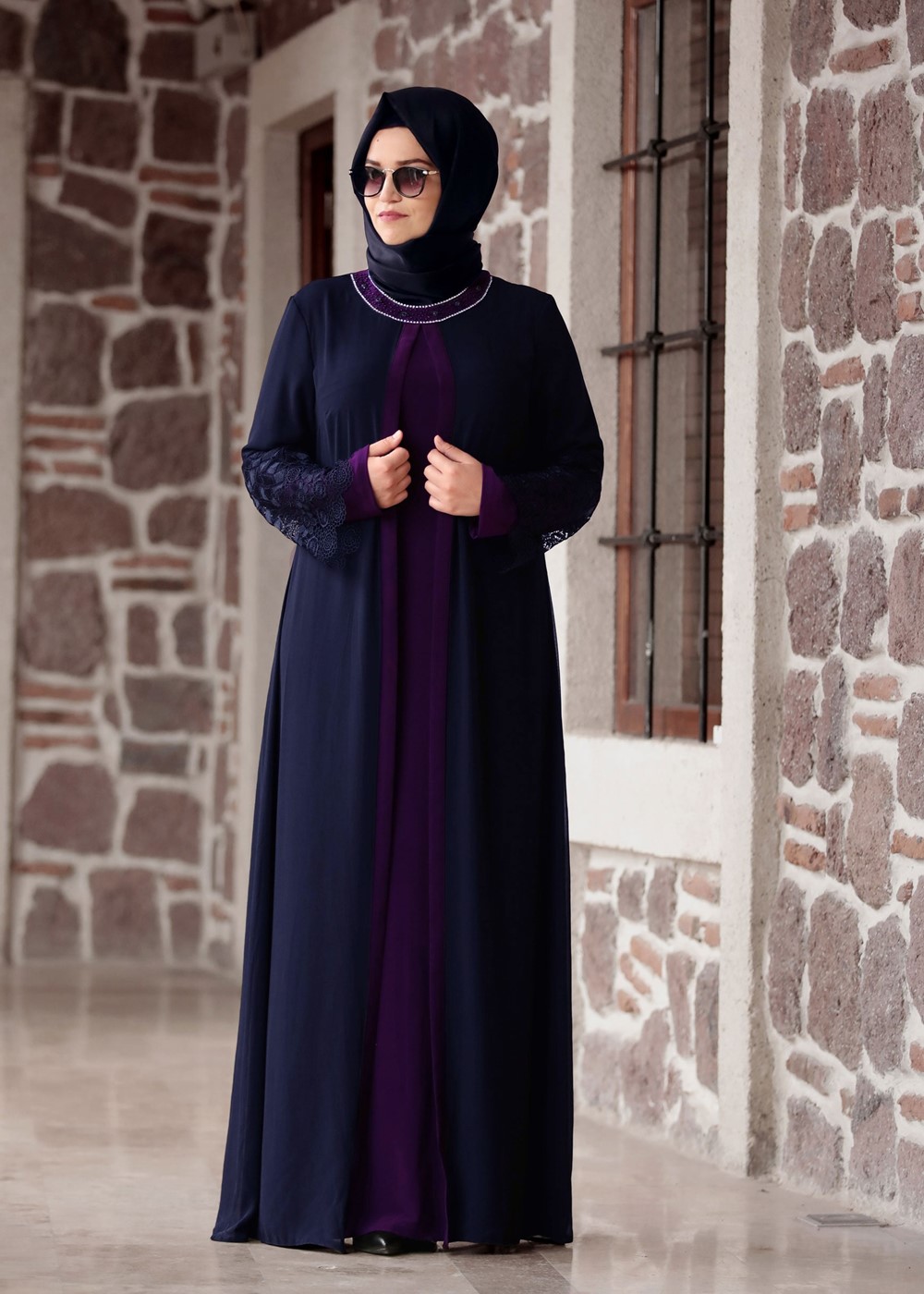 Hijab clothing NAVY BLUE LACE DETAIL DRESS T 4803