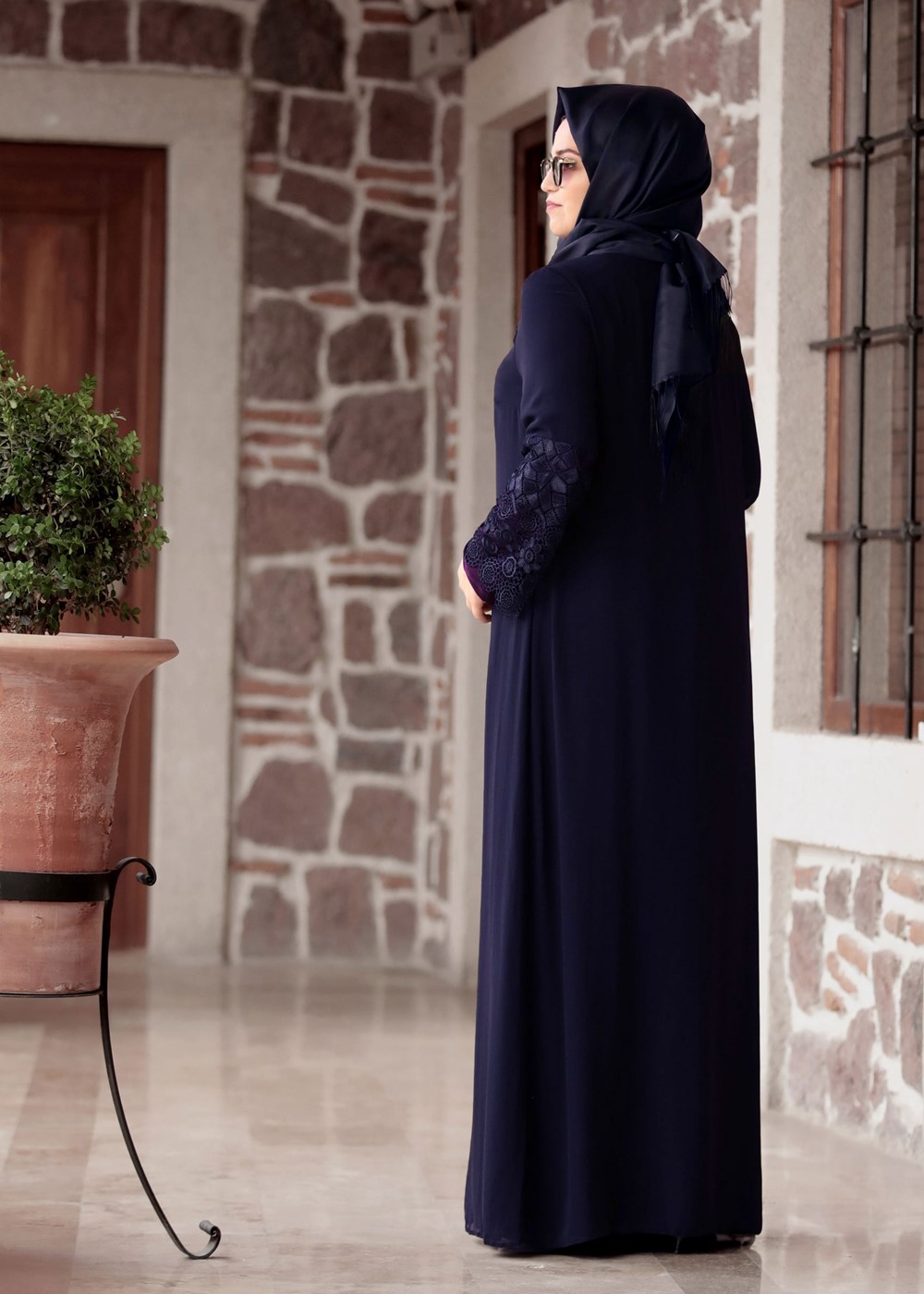 Hijab clothing NAVY BLUE LACE DETAIL DRESS T 4803