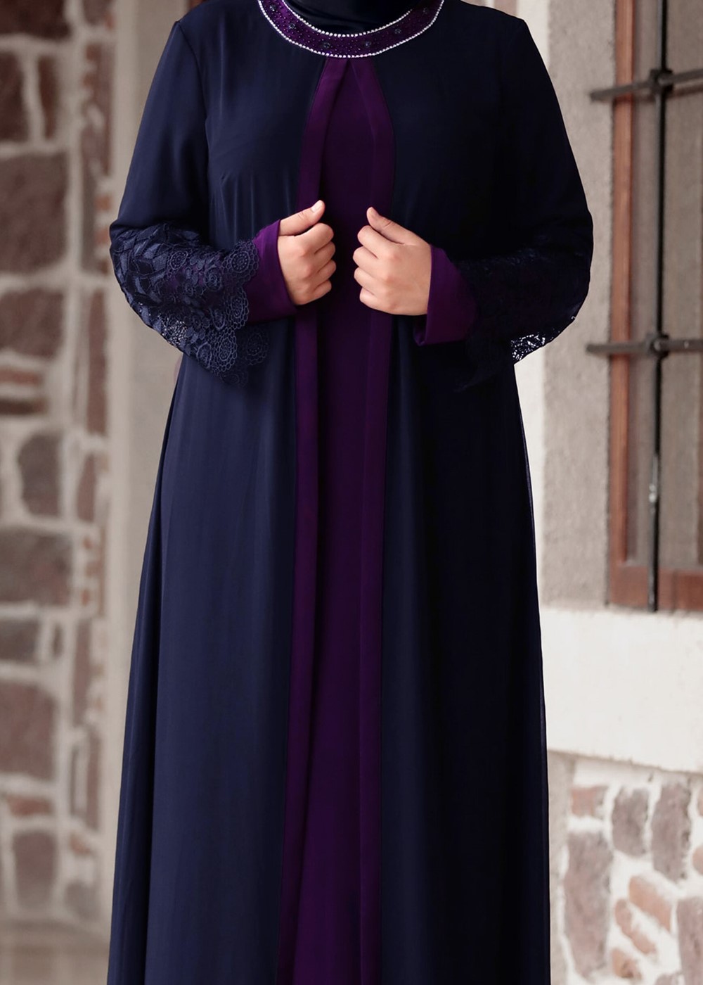 Hijab clothing NAVY BLUE LACE DETAIL DRESS T 4803