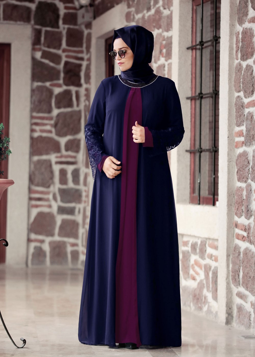 Vêtements hijab BLEU MARINE ROBE DÉTAIL DENTELLE T 4803