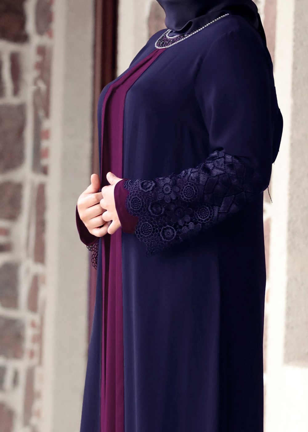 Vêtements hijab BLEU MARINE ROBE DÉTAIL DENTELLE T 4803