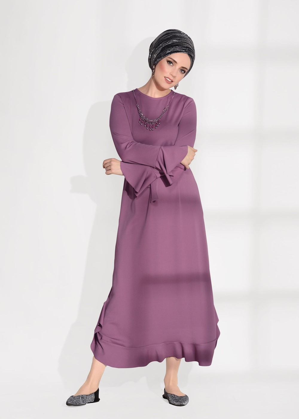 Tesettür giyim PEMBE T 5365 Asmiray-Fırfır Detaylı Elbise