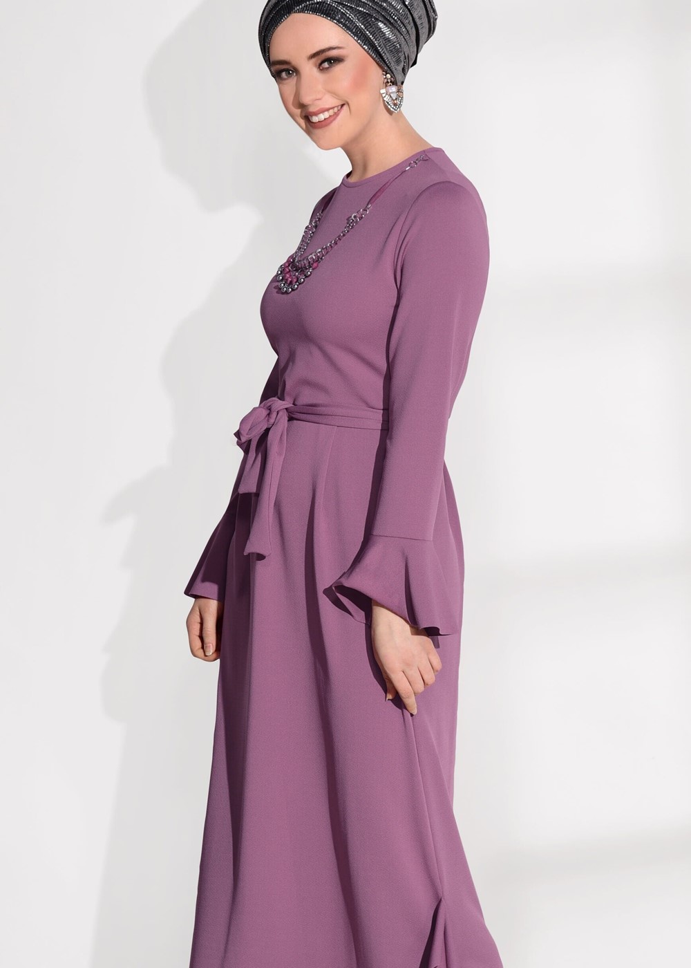 Tesettür giyim PEMBE T 5365 Asmiray-Fırfır Detaylı Elbise