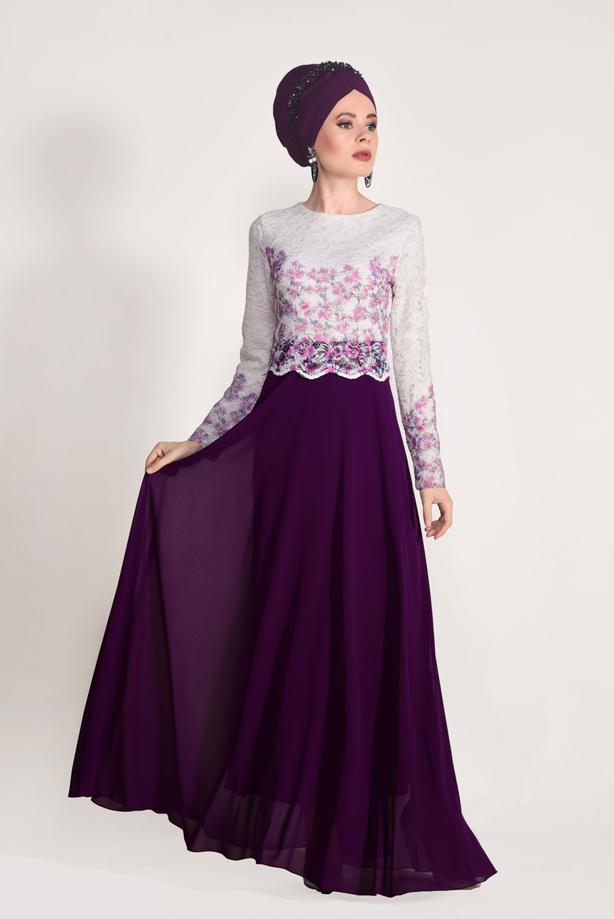 Tesettür giyim  GÜPÜR İŞLEMELİ ABİYE ELBİSE 5610 - TRENDTESETTÜR