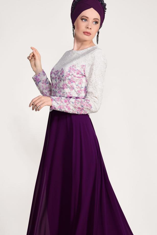 Tesettür giyim  GÜPÜR İŞLEMELİ ABİYE ELBİSE 5610 - TRENDTESETTÜR