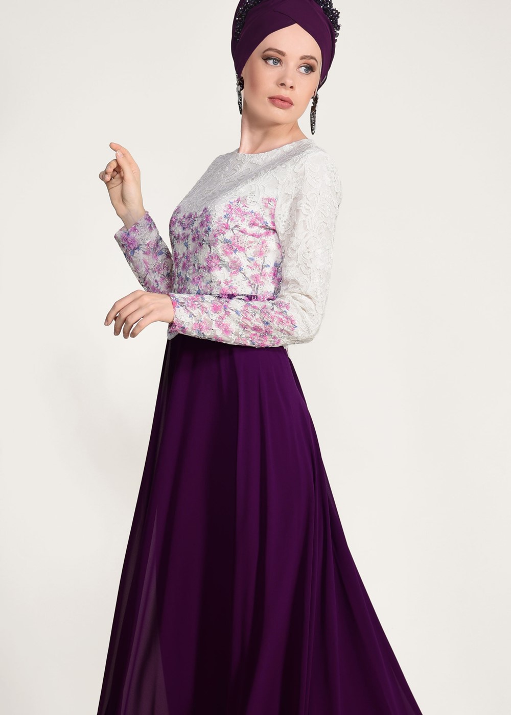 Tesettür giyim MÜRDÜM GÜPÜR İŞLEMELİ ABİYE ELBİSE 5610