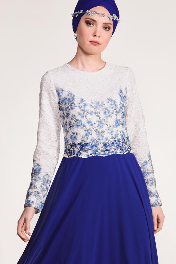 Tesettür giyim  GÜPÜR İŞLEMELİ ABİYE ELBİSE 5610 - TRENDTESETTÜR