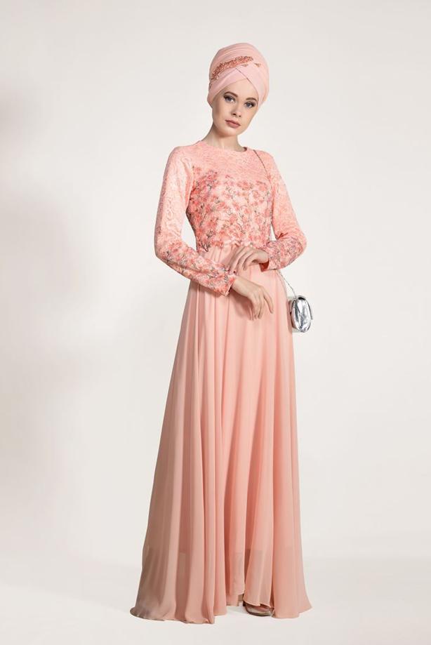 Tesettür giyim  GÜPÜR İŞLEMELİ ABİYE ELBİSE 5610 - TRENDTESETTÜR