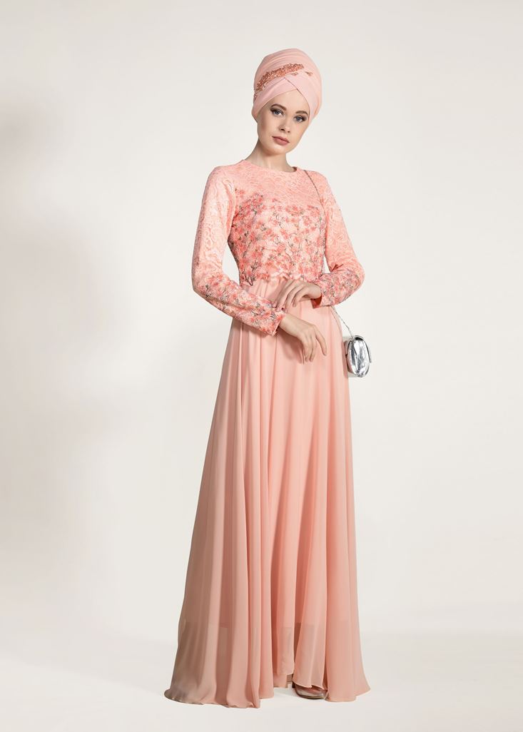 Tesettür giyim PUDRA GÜPÜR İŞLEMELİ ABİYE ELBİSE 5610