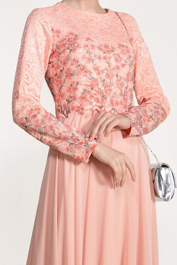 Tesettür giyim  GÜPÜR İŞLEMELİ ABİYE ELBİSE 5610 - TRENDTESETTÜR