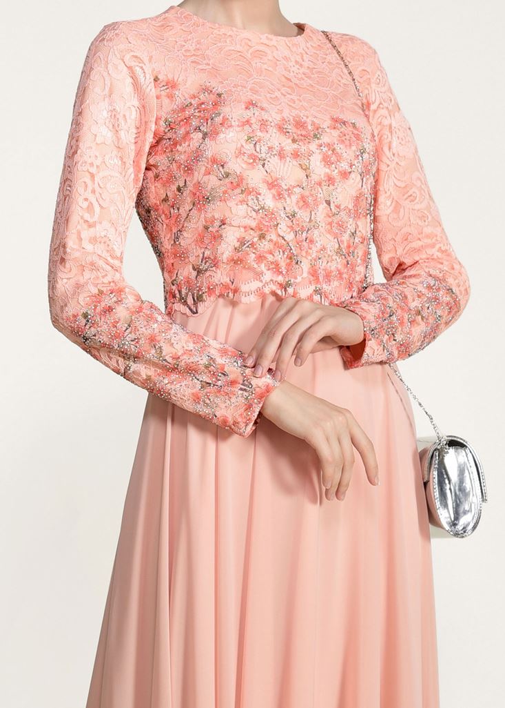 Tesettür giyim PUDRA GÜPÜR İŞLEMELİ ABİYE ELBİSE 5610