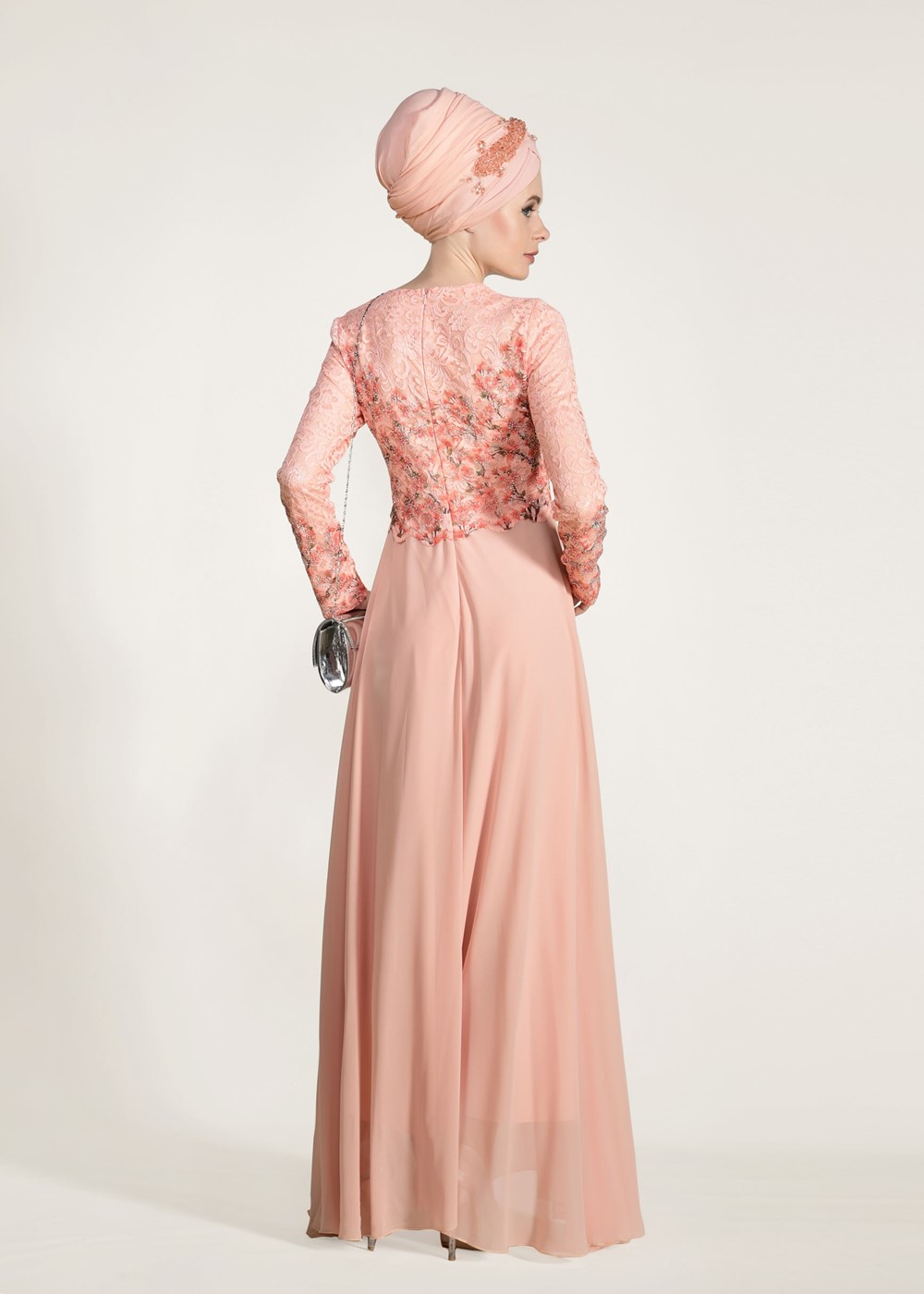 Tesettür giyim PUDRA GÜPÜR İŞLEMELİ ABİYE ELBİSE 5610