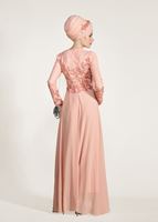 Tesettür giyim PUDRA GÜPÜR İŞLEMELİ ABİYE ELBİSE 5610